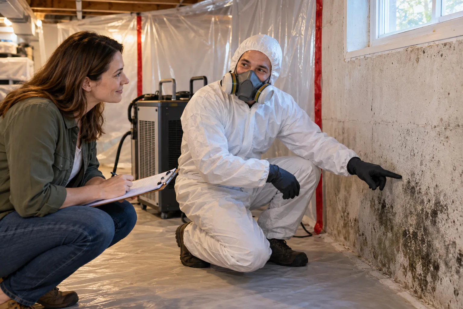 A friendly provider showing a homeowner a small area of mold on a basement wall near Chicago