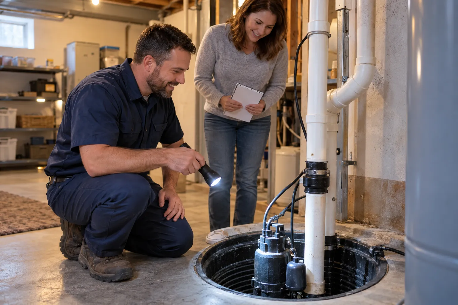 A provider checking a sump pump pit in a home in the Chicago area